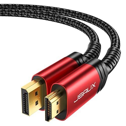 JSAUX 4K DisplayPort to HDMI Cable 15FT, DP to HDMI Video UHD 2K@120Hz/4K@30 Nylon Braided DP to HDTV Uni-Directional Cord for Dell, Monitor, Projector, Desktop, AMD, NVIDIA, Lenovo, HP, ThinkPad- RED