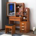 Simple Brown Modern Dressing Table Set with Mirror, Drawer Lock, and Tufted Stool - Wooden Beauty for a Stylish Home. 