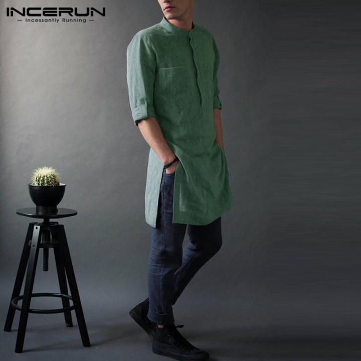 INCERUN Muslim Men's Clothing Saudi Arab Long Sleeve Thobe Islamic Thobe Kaftan T Shirt