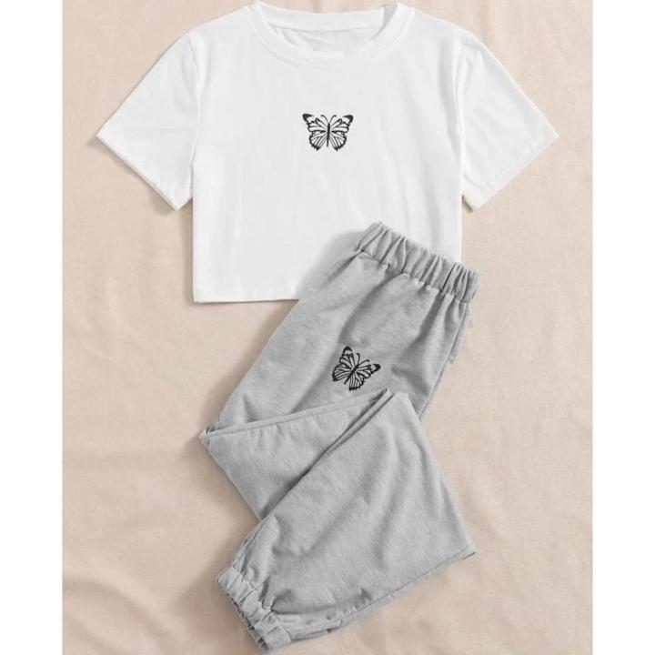White Butterfly Printed Summer Tracksuit For Women