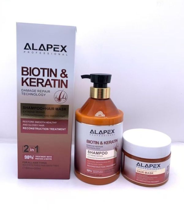 Alapex Biotin and Keratin 2 in1 Shampoo + Hair Mask Straightening Smoothing 600ml+300ml