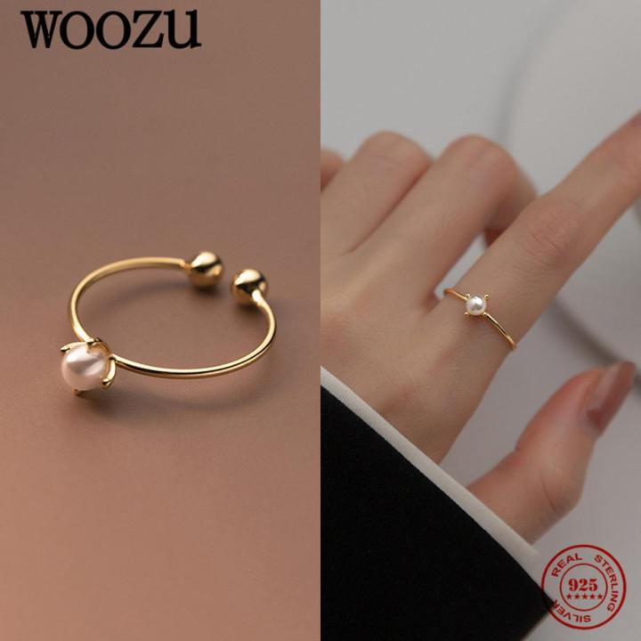 WOOZU Korean Chic Round Pearl Ring 925 Sterling Silver Classic Stackable Finger Rings For Women Personality Statement Jewelry