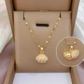 Korean Fashion Shell Pearl Necklace for Women Stainless Steel Creative Copper Micro -inlaid Marine Banquet Wedding Jewelry Gift. 