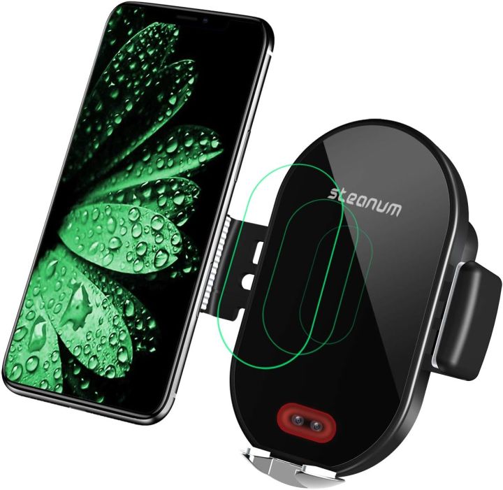 steanum Wireless Car Charger, Qi 10W Fast Charge Infrared Sensor Auto Clip Phone Holder Car Valve Mount Compatible with Galaxy s9/9+/8/8+/7, 7.5W Compatible with iPhone 11/11Pro/XS/XS