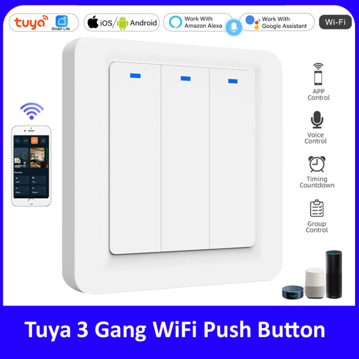Tuya Wifi Smart Light 3 Gang Switch EU, Push Button Panel Wall Switch 100-240V, Work with Alexa Google Home Smart Life App