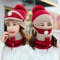3 in 1 Winter Knitted Beanie Hat Face Neck Warmer Set for Women Girls Fleece Lining Ski Caps with Pompom. 