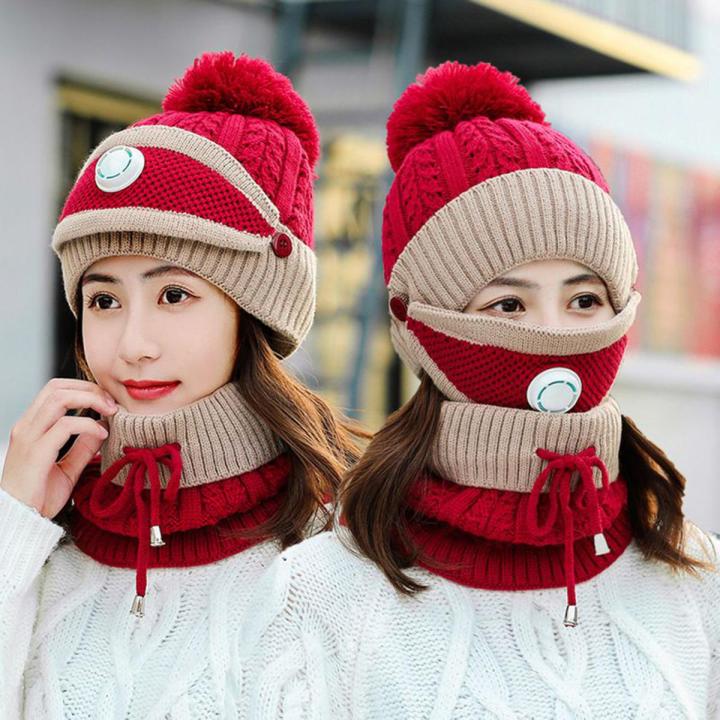 3 in 1 Winter Knitted Beanie Hat Face Neck Warmer Set for Women Girls Fleece Lining Ski Caps with Pompom