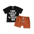 Baby Boys 2PCS Pants Set, Short Sleeve Letter Print O-Neck T-Shirt + Plain White Straps Short Pants, Toddler Boys Summer Clothes. 