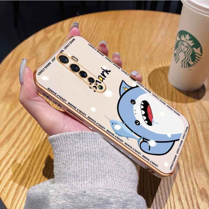 chenyyka For OPPO Reno2 F Case Plating Side Edge Square New Design Cartoon Cute Shark Phone Cases Pattern Silicone Casing Full Back Cover Camera Protect Shockproof Softcase