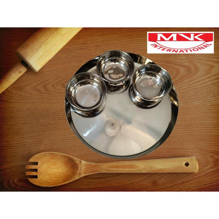 Traditional Indian Thali Steel Dinner plate with 3 Piyali Bowls Lunch Plates