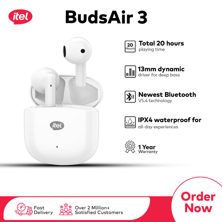 itel BudsAir 3 TWS Earbuds itel BudsAir 3 Earbuds | 13mm Drivers with Rich Audio | 20-Hour Playback | IPX5 Water Resistance | Touch Controls with ENC | 1-Year Warranty