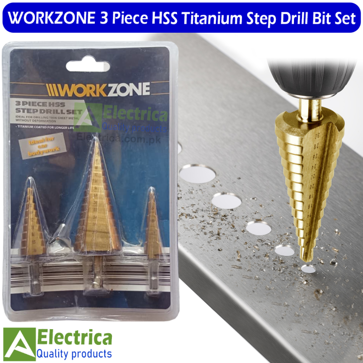 WORKZONE 3 Piece HSS Titanium Step Drill Bit Set – Multi-Size Metal Drilling Tool Kit by Electrica