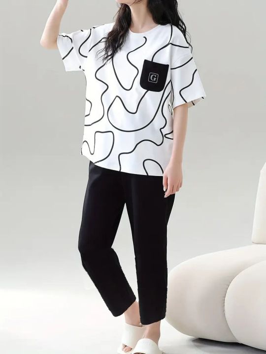 Sport wear Gym wear Suit Top soft Comfortable & Trendy 2 Piece Stylish Printed T-Shirt with Black Pants Women dress girls dress