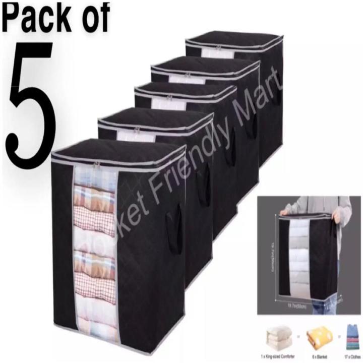 PACK OF 5  STORAGE BAG BLACK  HEAVY GSsM WARDROBE ORGANIZER WATERPROOF  space saving boxes bags  PFM _ WITH MONEY BACK WARRANTY