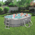 Bestway Power Steel Framed Oval Above Ground 14 Ft Big Length, 8.2 Foot Width Pool For Family Fun, Water Play Outdoor 56620 Imported Puncture Resistant Liner 3 Ply Pvc Branded Summer Season 39.5 Inch Deep Dive Steel T Connector Pipe Swimming Party Pools. 