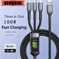 Product details of 100W Fast Charging Cable Multi Charger Cable Nylon Braided Multiple USB Universal 3 in 1 Charging Cord Adapter with Type-C Micro 100W Fast Charging Cable. 
