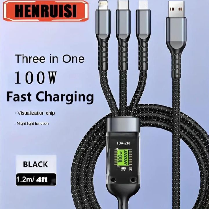 Product details of 100W Fast Charging Cable Multi Charger Cable Nylon Braided Multiple USB Universal 3 in 1 Charging Cord Adapter with Type-C Micro 100W Fast Charging Cable
