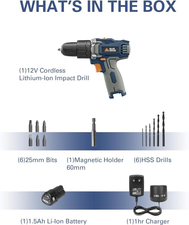 BLUE RIDGE 12V Cordless Impact Drill 25Nm with 1.5Ah Lithium-ion ...