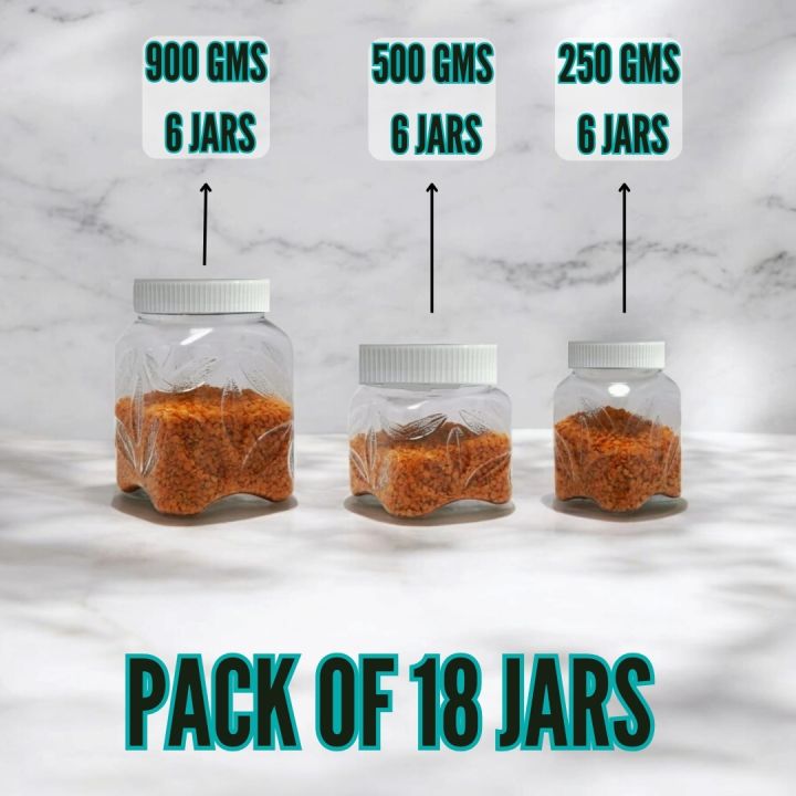 Set Of 3 Sizes Plastic Jars for Kitchen 1KG / 500Gms / 250Gms CAPACITY Plastic STORAGE JAR - JARS SET - Masala / Sugar Cheeni / Daal JAR - RACK Storage - FOOD GRADE PURE PLASTIC - LEAF  DESIGN - 6Pcs Of Each Size