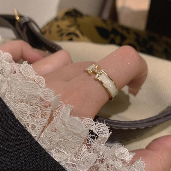 H Letter Crystal Enamel Opening Rings for Women Girl Party Accessories