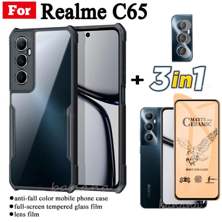 3 in 1 Realme C65 Shockproof Phone Case for Realme C67 4G C65 Ceramic Frosted Film+Camera Lens Film