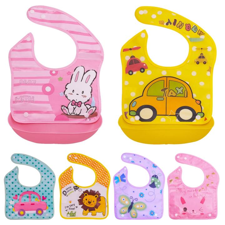 Baby Bibs with Soft Plastic Food Catcher Waterproof, Reusable and Washable - Drool and Feeding Bib for Babies, Toddlers, Infants, Newborns