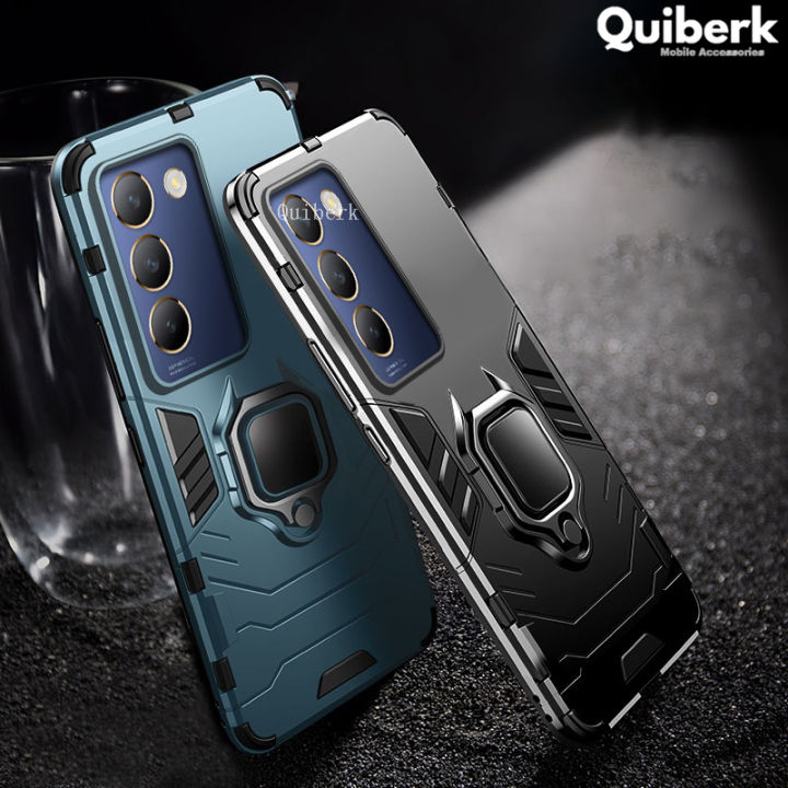 Quiberk for Vivo Y100 5G / V40 SE 5G Case Shockproof Armor Metal Ring Stand Holder Hard Protective Cover
