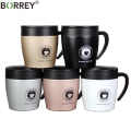 BORREY Coffee Mugs Creative Coffee Travel Cup With Lid Spoon Stainless Steel Coffee Mug Warmer With Handle Metal Tea Cup 300-ml. 