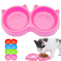 Cat Shaped - Double food bowl - Multi Colour - For Water and Food Good Quality - Washable - Plastic. 