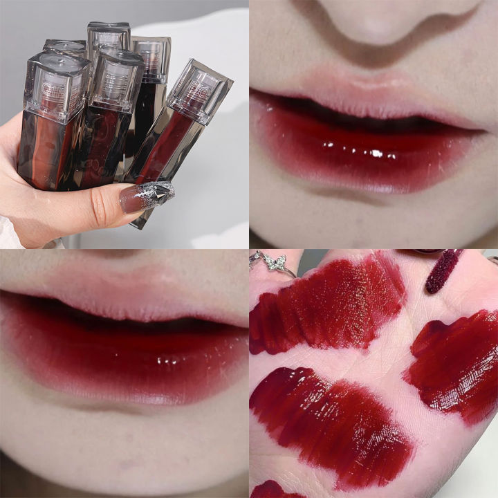 Dark Red Mirror Water Lip Glaze Moisturizing Brown Lip Tint Lipstick Korean Makeup Lasting Color Non-stick Cup Lip Gloss