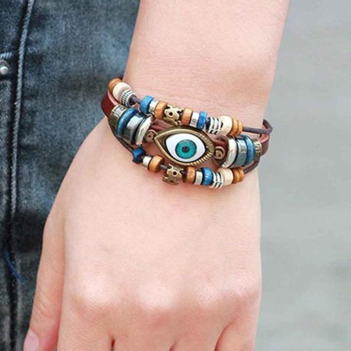 【HOT】 Evil Eye Bracelets For Men Women Vintage Leather Rope Cool Adjustable Layered Bracelet Charm Turkey Jewelry Halloween Cosplay