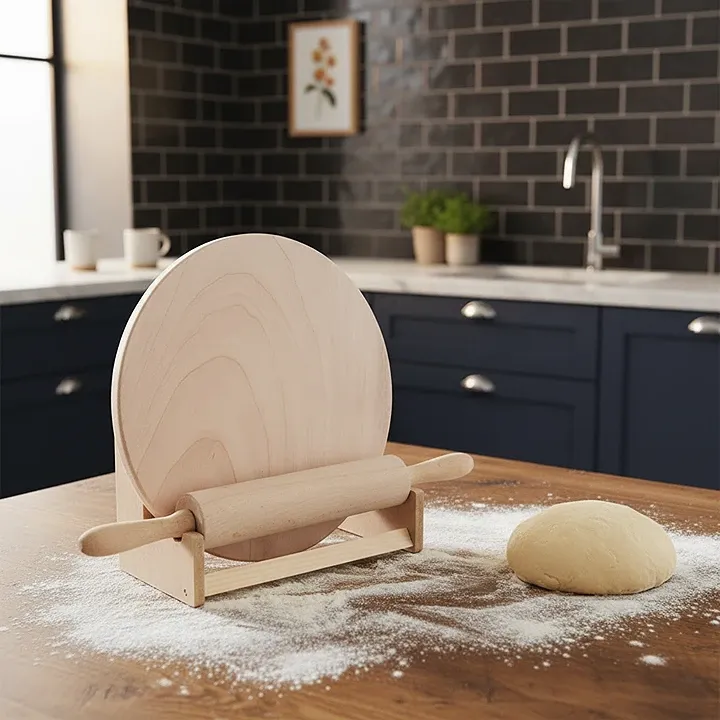 3 Pcs Set - Wooden Rolling Pin and Round Board With Stand - Pure Wood ...
