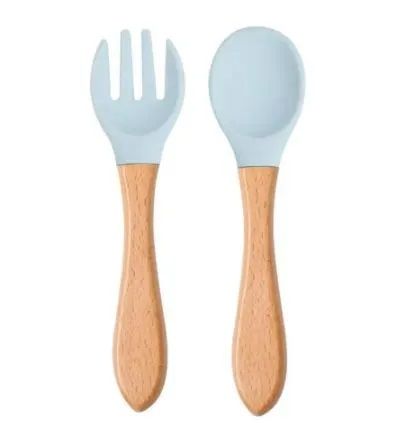 Random Color - Silicone Baby Feeding Forks and Spoons Set With Wooden Handle, Self-Feeding, Silicone Baby Utensils
