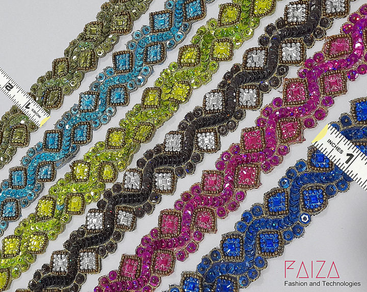 1 Yard/Gaz Fancy Banasri Sequin Sitara, Moti Work, and Embroidery Lace - Versatile Lace for Clothes, Lace for Dresses, Kurti, Dupatta, Front-Back Ghera, and Borders