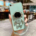 For iPhone 6s Plus / iPhone 6 Plus Back Cover with Lanyard + Cartoon Astronaut Folding Stand Luxury 6D Plating Frame Shiny Cases Soft Silicone Square Protective Mobile Phone Case. 
