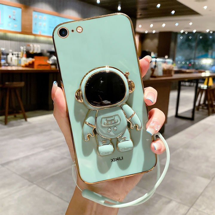 COROGI for iPhone 6s / iPhone 6 Back Cover Cartoon Astronaut Folding Stand Stylish 6D Plating Square Bumper Case with Lanyard Soft Silicone Phone Cases Covers Pouch for Girls Boys