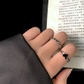 Vintage Black Crystal Heart Chain Ring for Women Simple Open Ring Finger Ring Cuff Set Punk Retro Female Jewelry Gift Accessories. 