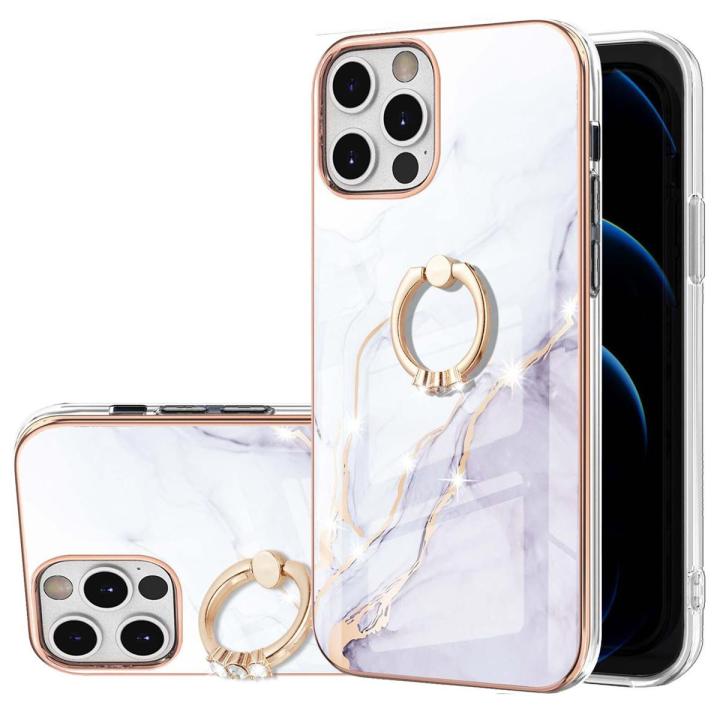 Case for iPhone 12 / iPhone 12 Pro Marble Pattern Hybrid Hard Back Soft TPU Bumper Case Cover with Ring Holder Stand