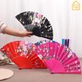 Portable Summer Cooling Gadget Flowers Printed Satin Hand Fan / Traditional Handcraft Folding Fans Delicate Chinese Art Souvenir Gifts. 