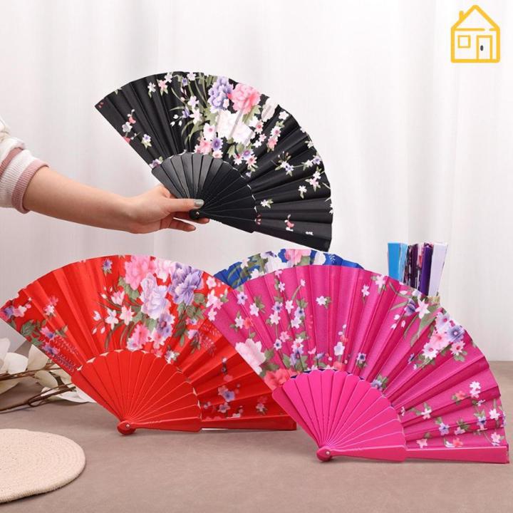 Portable Summer Cooling Gadget Flowers Printed Satin Hand Fan / Traditional Handcraft Folding Fans Delicate Chinese Art Souvenir Gifts