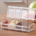 Acrylic Home Kitchen 4 Grid Acrylic Seasoning Spice Box Kit with Spoon - Kitchen Masala Storage Box Container Seasoning Organizers Jars (Transparent). 