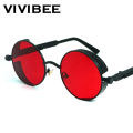 VIVIBEE Vintage Steampunk Red Sunglasses Men Round Punk Alloy Metal Retro Sun Glasses Women 2024 Goggles Gothic Style Shades. 