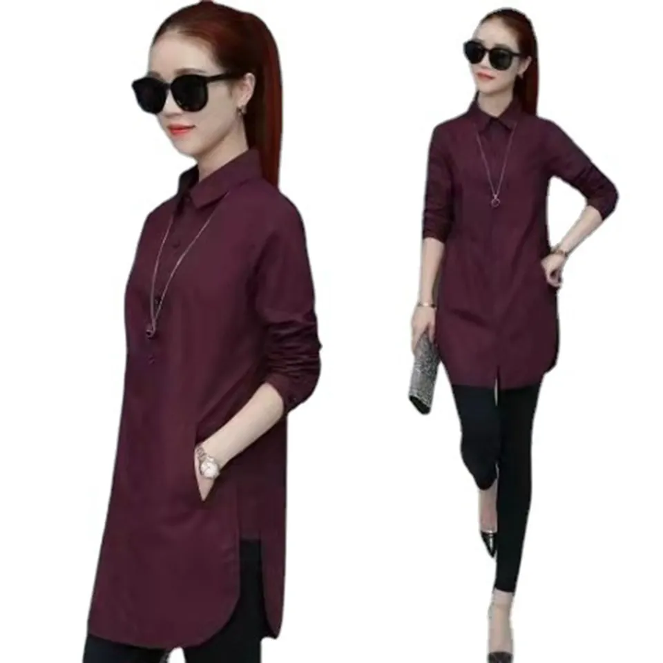 Women Shirt Solid Color Lapel Long Sleeve Slim Fit Top Mid length Cardigan T shirt Daraz.pk