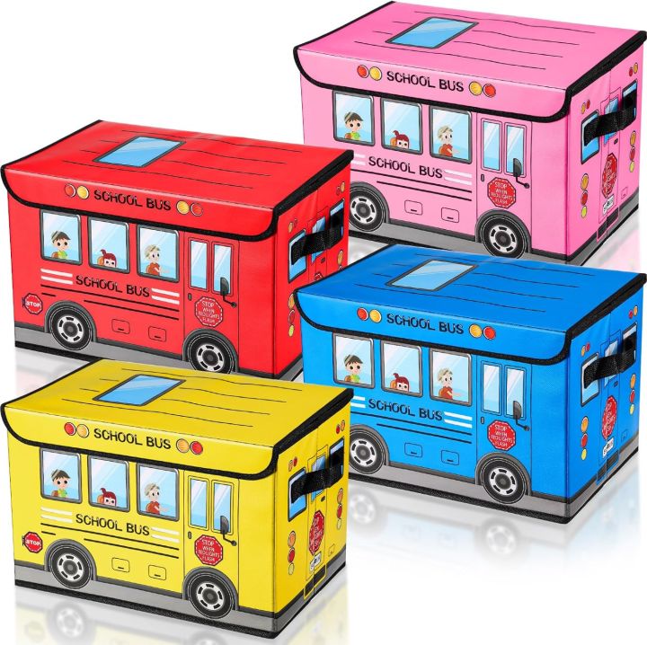 School Bus Treasure Box for Classroom, Foldable Chest Storage Box Toy Box Chest with Lid Treasure Storage Organizer Bin for Kids Teachers Toy Prizes Awards for Students