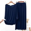 Navy Blue V-Neck Night Suit - Palazzo Style Pajama for Women. 