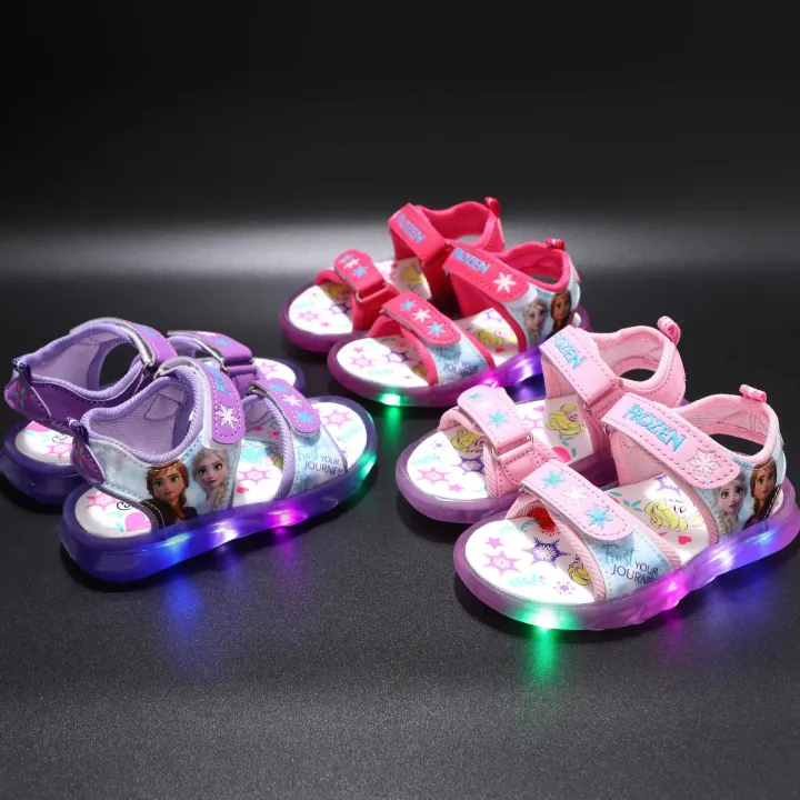 Disney Frozen Elsa Princess Girls Sandals Summer Children's Sports Beach Pink Purple Girls Boys Soft Led Light Shining Shoes