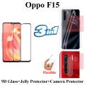 Oppo F15 Full Black 9D|5D|6D|10D|11D|21D Tempered Glass Screen Protector Full Glue Edge To Edge + Back Camera 9H Gorilla Flexible Protector + Back Jelly Protector Clear Soft Protection Film Transparent Hydrogel Film Protector For Oppo F15. 