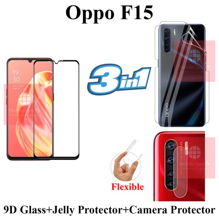 Oppo F15 Full Black 9D|5D|6D|10D|11D|21D Tempered Glass Screen Protector Full Glue Edge To Edge + Back Camera 9H Gorilla Flexible Protector + Back Jelly Protector Clear Soft Protection Film Transparent Hydrogel Film Protector For Oppo F15