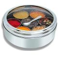 Stainless steel spice box in steel with 7 spice containers with see through lid and one spoon. 