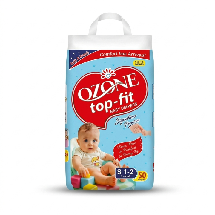 Ozone top-fit Baby Diapers Size S-2 (3-7 KG) 50 Pcs - Soft & Fresh Ultra Absorbent Baby Diaper
